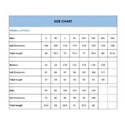 A size chart detailing measurements for men’s, women’s, and kids’ apparel in centimetres.