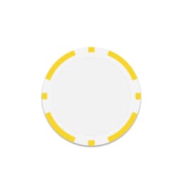A poker chip in white with yellow accents around the edge, featuring a logo in the centre.