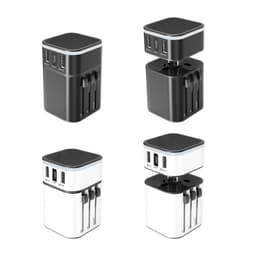 A set of four Luminous Travel Adapters, featuring black and white designs with multiple USB ports and adjustable prongs.