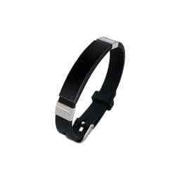 A black metal bracelet with silver accents and a sleek, modern design. Features a clasp for secure wearing.