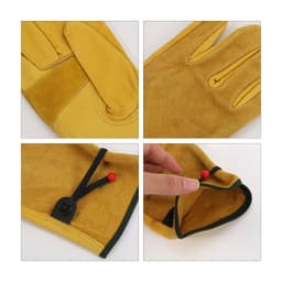 A pair of yellow cowhide gardening gloves featuring a wrist cinch detail and a brand logo.