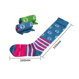 Mid calf socks in blue with pink and striped patterns, accompanied by rolled green and blue custom pattern socks.