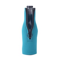 A drink bottle cooler in teal with a zippered design, featuring a ring for easy carrying.