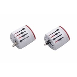 A white and red light-up universal plug travel adapter with multiple plug options and a USB port. Features a logo.