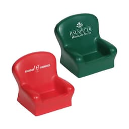 Two chair-shaped stress relievers in red and green, featuring logos on each side.
