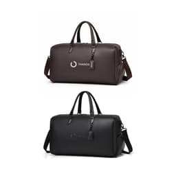A polyurethane duffle bag in brown and black, featuring dual handles and a detachable strap, with a logo.