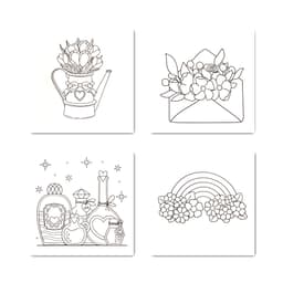Four black and white illustrations for colouring, featuring a watering can, an envelope with flowers, potion bottles, and a rainbow.