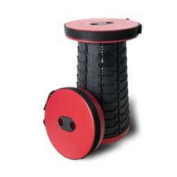 A red and black telescopic stool with a cylindrical design, featuring a removable top and a logo on the side.