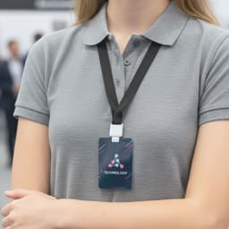 An acrylic name tag with a colourful design, attached to a black lanyard, worn around a person's neck.