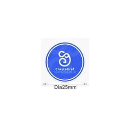 A round blue sticker featuring a logo, measuring 25mm in diameter, with white design elements.