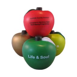 A collection of apple-shaped stress relievers in red, green, gold, and yellow, featuring different logos.