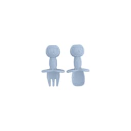 A set of light blue silicone kids cutlery featuring bear-shaped handles, including a fork and a spoon.