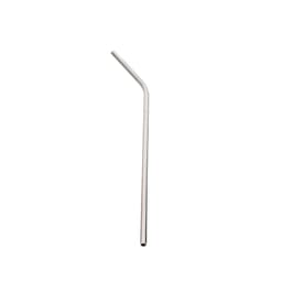 A stainless steel drinking straw, featuring a sleek design with a slight bend, on a plain background.