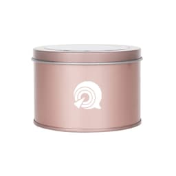 A medium rose gold tin can with a transparent window, featuring a logo on the front.