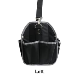 A black tool carrier bag with grey trim and multiple pockets, featuring a shoulder strap and a metal ring.