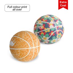 Two basketballs with vibrant patterns; one orange with a detailed design, the other multi-coloured featuring floral motifs.