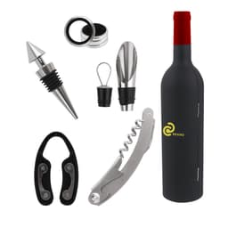 A drink bottle shaped wine tools set features a red corkscrew, pourer, stopper, and bottle opener in silver and black.