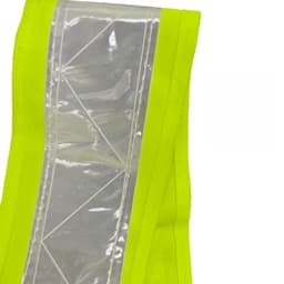 A bright yellow reflective safety vest featuring a transparent stripe, designed for visibility and adjustment.