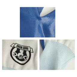 Gardening gloves in blue and white, featuring a textured design and a branding logo.