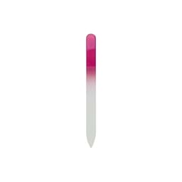 A crystal glass nail file featuring a gradient design from pink to white, with a pointed end and a smooth surface.