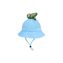 A light blue bucket hat with a mesh top and a green dinosaur toy on the crown, featuring an adjustable chin strap.