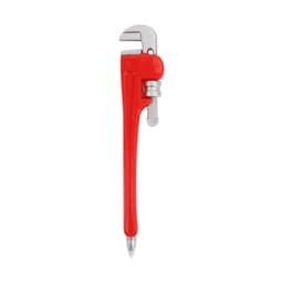 A red ballpoint pen shaped like a pipe wrench, featuring silver accents and a clip.