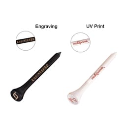 Two bamboo golf tees in black and white, featuring different designs and a logo on each.