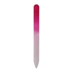 A gradient glass nail file in shades of pink and white, featuring a sleek, elongated design.