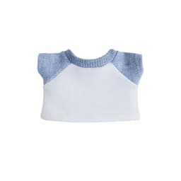 A plush doll raglan T-shirt featuring blue sleeves and a white body, with a ribbed neckline. It includes a logo.