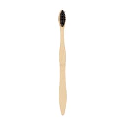 A large toothbrush with a wavy wooden handle and black bristles, featuring a branding logo on the handle.