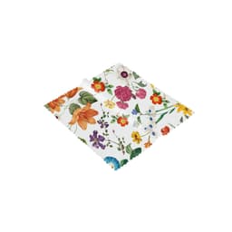 A floral-patterned RPET lens cloth with vibrant colours including orange, purple, and yellow on a white background.