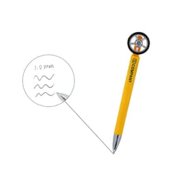 A yellow pen in the shape of a tire, featuring a wheel at the top and a silver tip for writing.