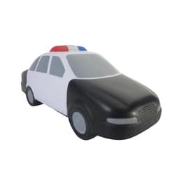 A black and white police car-shaped stress reliever with a red and blue light bar on top.