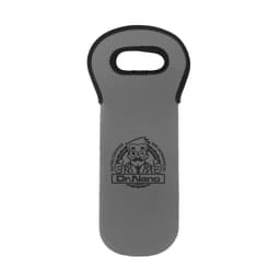A drink bottle cooler in grey with a handle and a logo. Designed to fit a single bottle.
