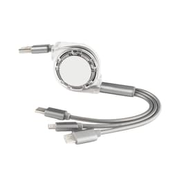 A retractable charging cable in grey, featuring multiple connectors for different devices and a circular casing.
