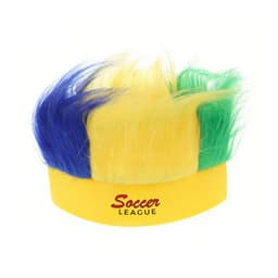 A yellow headband wig featuring blue, green, and yellow hair strands, with a logo on the band.