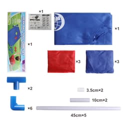 A portable cornhole game board set including red and blue bean bags, support pieces, and a blue fabric cover.
