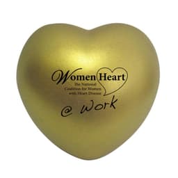A gold heart-shaped stress reliever with branding on the surface.