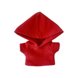 A red plush doll hoodie featuring a large hood and short sleeves. The item includes a logo.