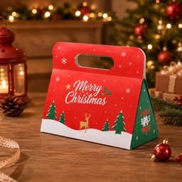 A foldable gift box in red with a Christmas design featuring snow, a reindeer, and a handle.