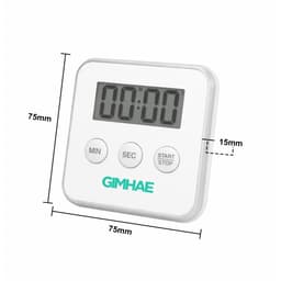 A digital kitchen timer in white with a large display and three buttons. It features a logo on the front.