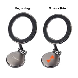 A sticky magnetic car phone holder with a silver and black finish, featuring a flexible arm for positioning.