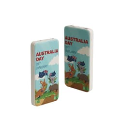 A power bank with a full colour print, featuring kangaroos and Australian Day elements in shades of blue and green.