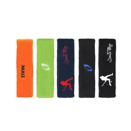 Five headbands in orange, green, navy, black, and another black, featuring various logos and designs.