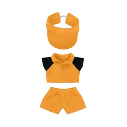 A plush doll racing suit set in bright yellow, including a visor, shirt with black sleeves, and matching shorts.