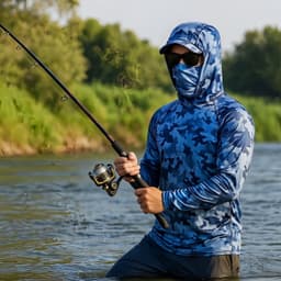 A blue camouflage fishing hoodie made of polyester and spandex, featuring a hood and fitted design, with a fishing rod.