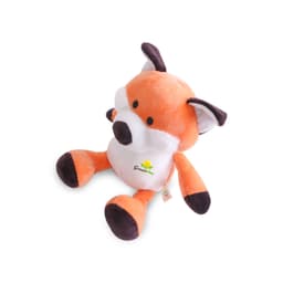 A plush toy fox in orange and white, featuring black accents and a small logo on its belly.