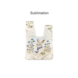 A sublimation wrist bag featuring a rabbit illustration among blue flowers on a white background. It has a logo.