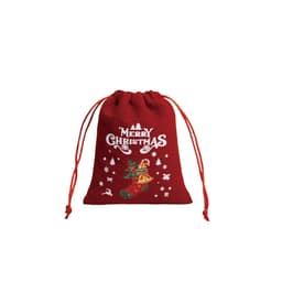A red drawstring gift bag featuring festive Christmas graphics, including a stocking and holiday symbols.