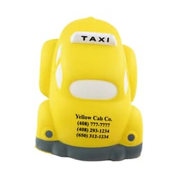 A yellow taxi-shaped stress reliever with a grey base and a logo on the side.